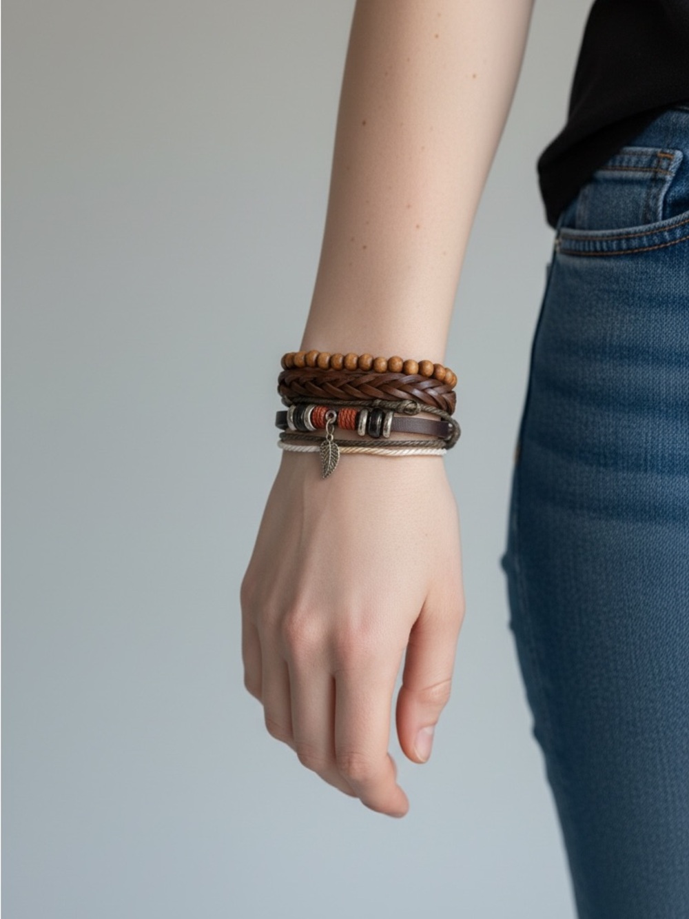 10/15 Brown Layered Leather & Bead Bracelet Stack